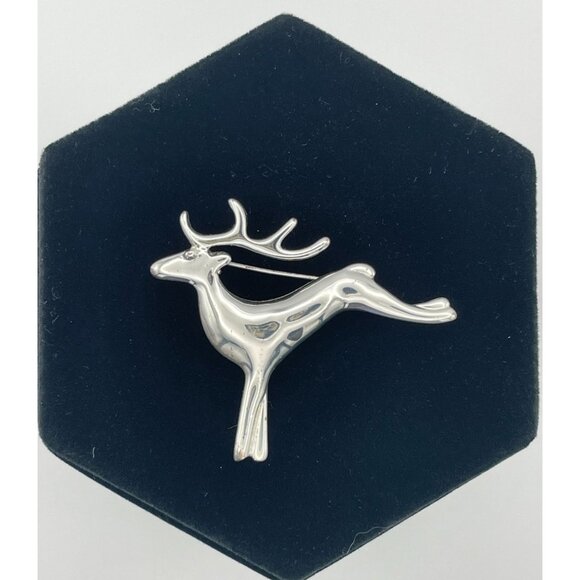 Christmas Reindeer Buck Shiny Silver Tone Brooch 2" Holiday - Picture 4 of 8
